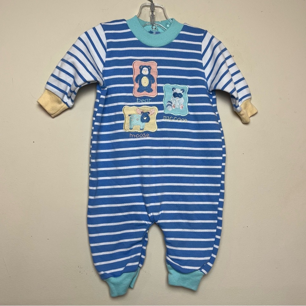 Buster Brown Vintage 3-6 M One piece Outfit Striped Moose Raccoon Bear 80s 90s